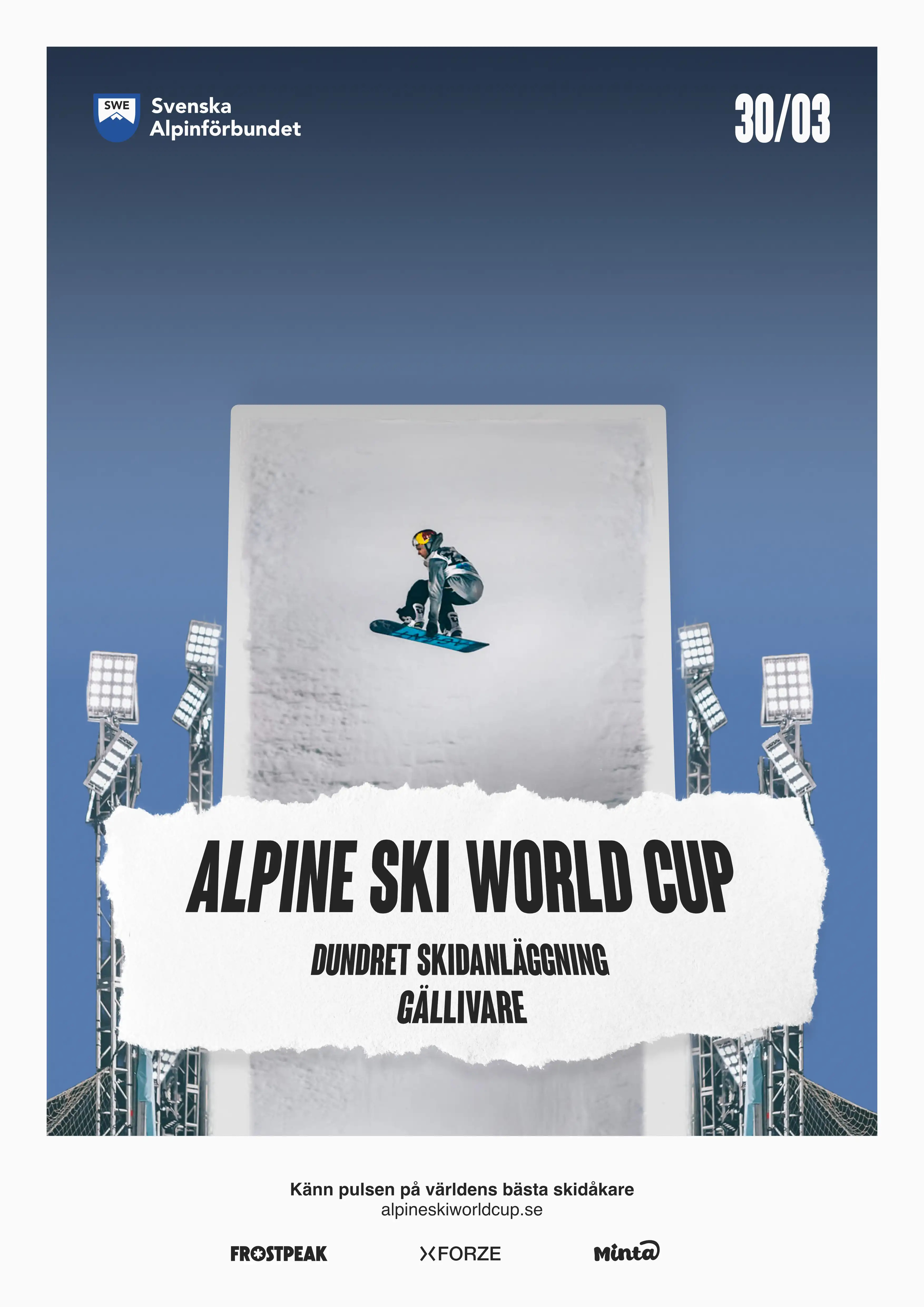 Affisch på snowboard som hoppar i en hoppbacke med strålkastare runtom, samt rivet papper framför med information om eventet