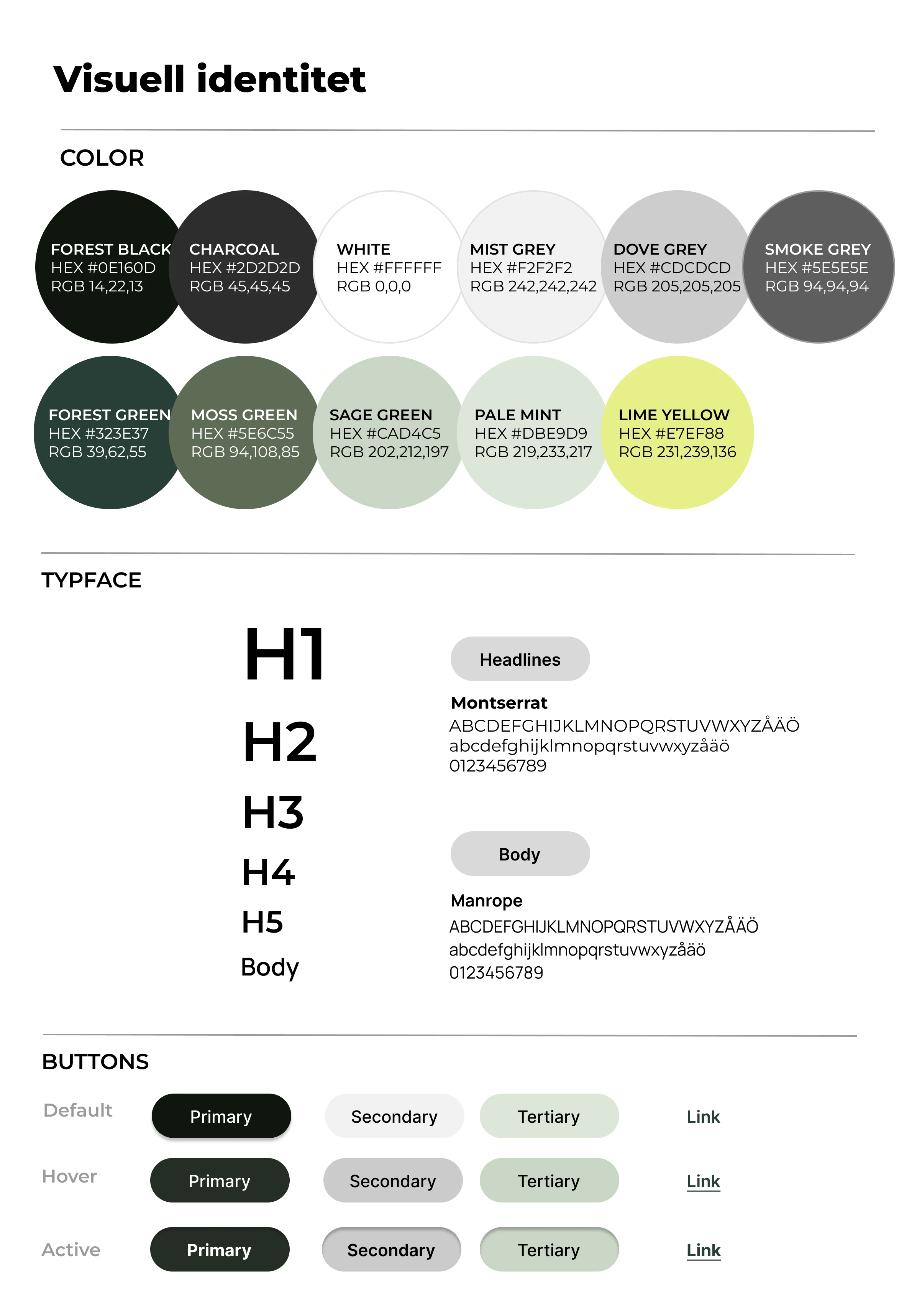 Visuell identitet med färgpalett, typografi och knappar